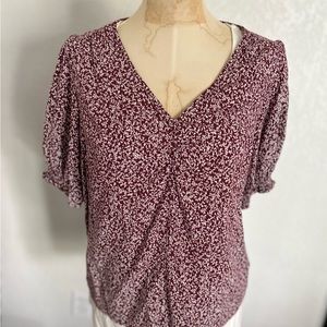 Wine, ditzy, floral, short sleeve blouse